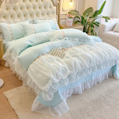 YICKYUE  -  Ruffles Lace Bedding Set for Girls, Duvet Cover Set, Soft Polyester Fabric, Queen Size, Bedroom Decor, Room Decor, 4Pcs