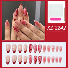 YICKYUE  -  24pcs medium long almond nail fake nails, red stripe flash drill blonds bright face fake nails, white full cover fake nails, 202