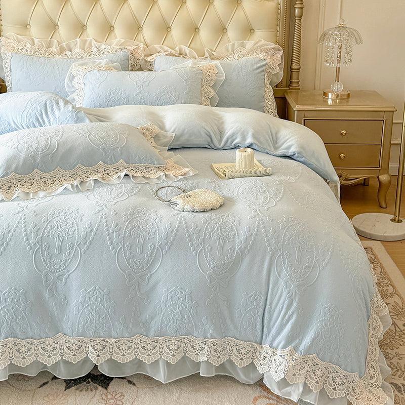 YICKYUE  -  4Pcs Vintage French Romantic Lace Ruffles Carved Velvet Warm Winter Princess Bedding Set Duvet Cover Set Bed Sheet Pillowcases