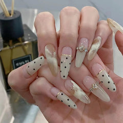 YICKYUE -  Polka Dot Swoosh Style Handmade Wearable Fake Nail Almond Long Nail Look White High Grade Feeling Girl Nail Stickers Decoration
