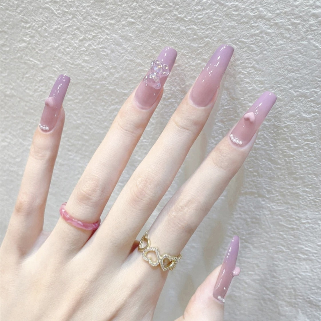 24pcs/box gradient color gummy bear artifical nails with glue Long Coffin Fake Nails Lovely Girl Nail Art ballerina False Nails