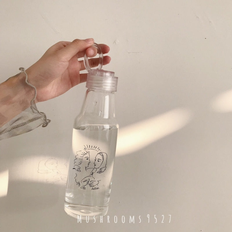 Korean Cold Wind Abstract Girl's High Borosilicate Glass Bottle Simple Portable Water Cup with Cover for Students
