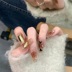 YICKYUE  -  24pcs Gold Foil Fake Nails Retro Brown Lady Girl Press on Nails With Rhinestone Design Full Cover Artificial Nail Patch Wearable