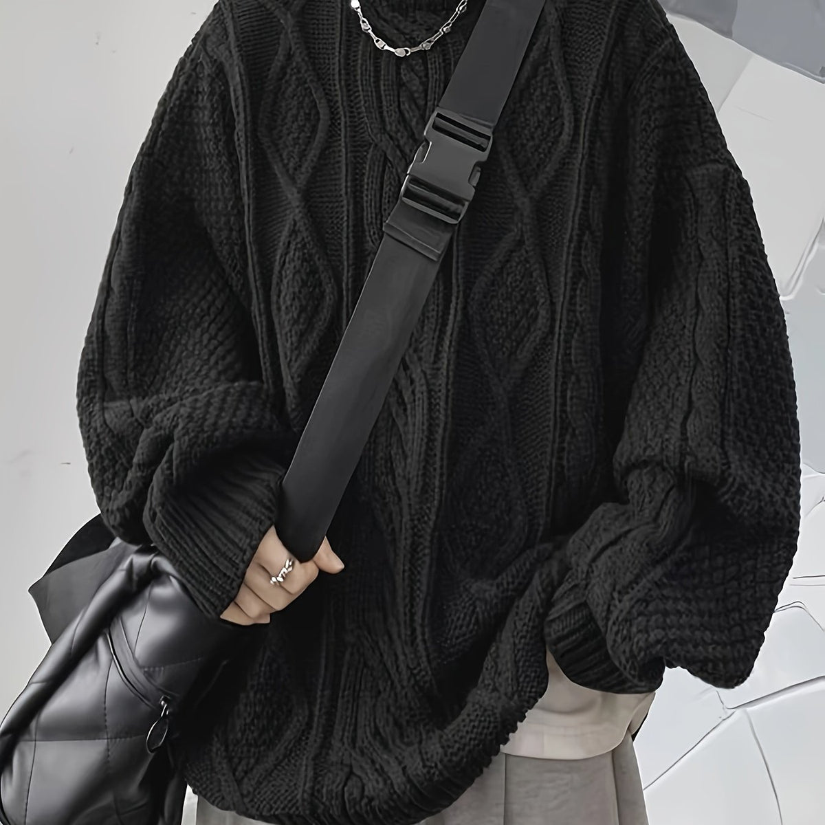 Hearujoy Men'S Fashion Oversized Pullover Sweater, Acrylic 100% High Neck Knit Fabric, Casual Solid Color, Slight Stretch, Regular Fit for Fall/Winter - Teen & Adult, Plus Size