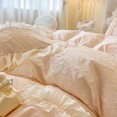 YICKYUE  -  100% Cotton Chiffon Lace Ruffles Bedding Set Korean Style Pink Princess Embroidery Duvet Cover Fitted Bed Sheet Pillowcases