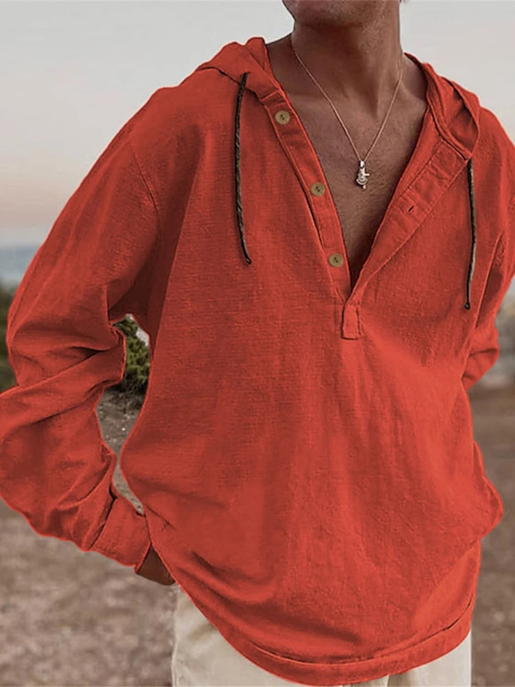 Hearujoy Vintage Cotton Linen Hooded Shirt For Men Long Sleeve V Neck Hoodies Tops Fall Casual Loose Shirts Seaside Beach Blouse Clothing