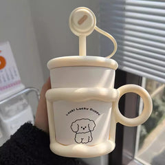 YICKYUE  -  Cute Puppy Thermos Sainless Steel Water Bottle With Straw Filter Tumbler 450ml Insulation Thermal  Cup For Coffee Tea Juice Gift