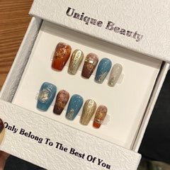 YICKYUE  -  Handmade Press on Nails Fashion Gold Foil Design Fake Nails Wearable Full Cover European MId-length Coffin False Nail Patches