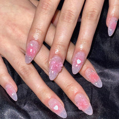 YICKYUE  -  24Pcs Gradient Pink Press on Nails Short Almond Fake Nails Heart Bow Design Nail Tips Sweet False Nail for Women&Girls DailyWear