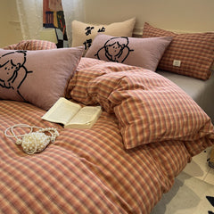 YICKYUE  -  INS Vintage Plaid Cotton Washed Bedding Set with Korean Lace | Soft 4-Piece Quilt Cover Sheet Pillowcases