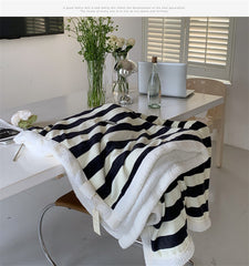 YICKYUE  -  ns Nordic Style Lambswool Blanket, Simple Striped, Contrast Color, Korean Style, Office, Home, Casual, Lunch Break