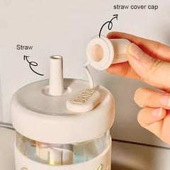 YICKYUE  -  600ml Cute Glass Cup With Lid And Straw Cover Cap Infuser Glass Water Bottle Aesthetic For Coffee Tea Juice Drinking Bottle