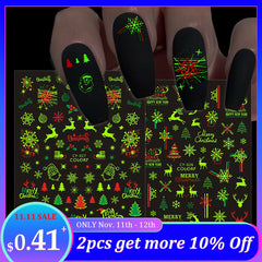 Merry Christmas Luminous Nail Stickers Fluorescent Xmas Winter Sliders for Nails Charms Glow in Dark Manicure Decals BECY019-027