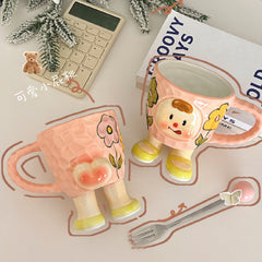 YICKYUE  -  Korean Cute Cartoon Style High Temperature Firing Ceramics Coffee Mug With Handle Underglaze Handmade Painting Afternoon Tea