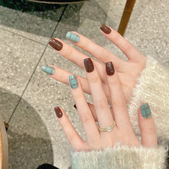 YICKYUE  -  Handmade Press On Nails Autumn Dark Brown Fake Nails Short Coffin Haze Blue False Nails Contrast Color Check Pattern Finished