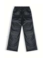 Hearujoy Men's PU Leather Pants, 45% Polyurethane 55% Polyester, All-Season Street Style Straight Leg with Side Stripe Design, Loose Fit Woven Trousers, Allseason Pants | Modern Loose Pants | Drawstring Waistband