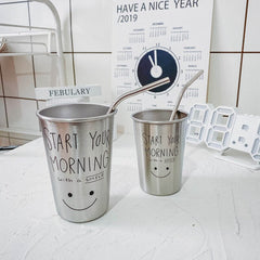 Korean style simple and lovely smile stainless steel water cup retro industrial style cup cold drink juice coffee cup