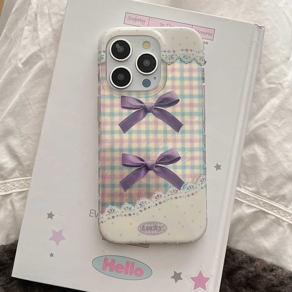 YICKYUE   -  Ins Purple Bowknot Check Phone Case For Iphone 16ProMax 15Pro 13ProMax 16 13 14 15 Pro Max 15ProMax 14Pro Lace Points Cover