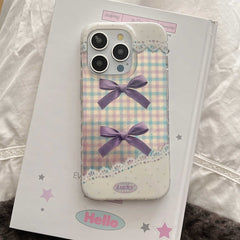 YICKYUE   -  Ins Purple Bowknot Check Phone Case For Iphone 16ProMax 15Pro 13ProMax 16 13 14 15 Pro Max 15ProMax 14Pro Lace Points Cover