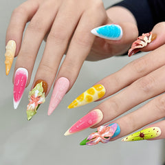 YICKYUE  -  10pcs Handmade Press on Nails Sweet 3D Carved Tropical Flowers False Nails Wearable Full Cover Ins Long Almond False Nail Tips