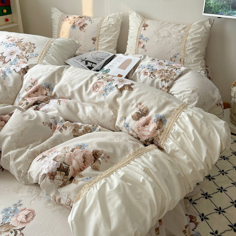 YICKYUE  -  4Pcs Vintage French Pleated Wide Edge Floral Pastoral Style 100% Cotton Bedding Set Duver Cover Bed Skirt Bedspread Pillowcases