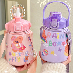 850ml Cute Stainless Steel Water Bottle Large Kawaii Thermos With Straw Strap Insulated Portable Juice Cup  Gift For Girl Kids
