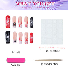 YICKYUE  -  24pcs false nails Halloween elements, 3D spiders, Medium length square nails, press nails, nail patches, Y2K nails,available fo