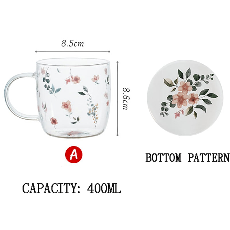 Coffee Mug Borosilicate Glass Creative Flower Pattern Tea Water Breakfast Cup with Handle Home Transparent Drinking Glasses