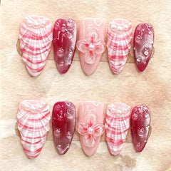 YICKYUE   -  10pcs Handmade Press on Nails Ins 3D Flower Shell Design False Nail Full Cover Wearable Pink Cat Eye French Almond Fake Nails