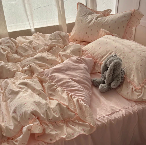 YICKYUE  -  Korean Girl Ins Pink Small Floral Washed Cotton Four-piece Set Lotus Leaf Lace Quilt Cover Bed Skirt Dormitory Three-piece Set
