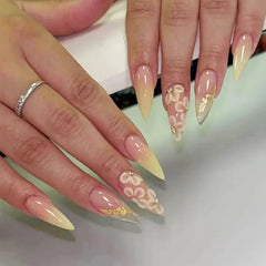 YICKYUE  -  24pcs French Tip False Nails with White Flowers Floral Press on Nails Gradient Pink Yellow Artificial Nails Full Cover Nail Tips