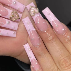 Yickyue 24Pcs Square Glitter False Nails Long Ballet Fake Nail French Love Butterfly Design Rhinestone Nail Tips Wearable Press on Nails