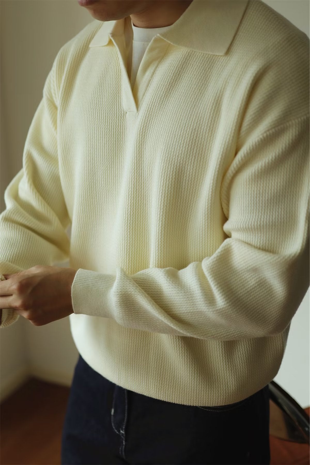 Hearujoy Fashion Solid Color Men Polo Kint Shirt Autumn Long Sleeve Turn-down V-neck Sweater Casual Jumper Tops Men's Knitwear Clothe