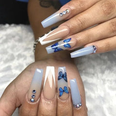24Pcs/Set Blue Butterfly French Wearing Ballerina Manicure Fake Nail Patch Press On Full Coverage Acrylic Long False Nails Tips