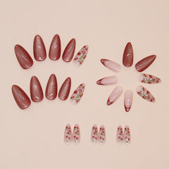 YICKYUE  -  24pcs Cat's Eye Almond Fake Glitter Nails Press On Long Stiletto Nail Art Cherry Wine Red French False Nails Tips Finished Nail