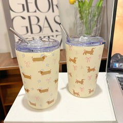 YICKYUE  -  360ml Cute Water Ice Coffee Cups  Sainless Steel Thermos With Straw Tumbler For Tea Beer Juice Kawaii  Thermal Drink Bottle Gift