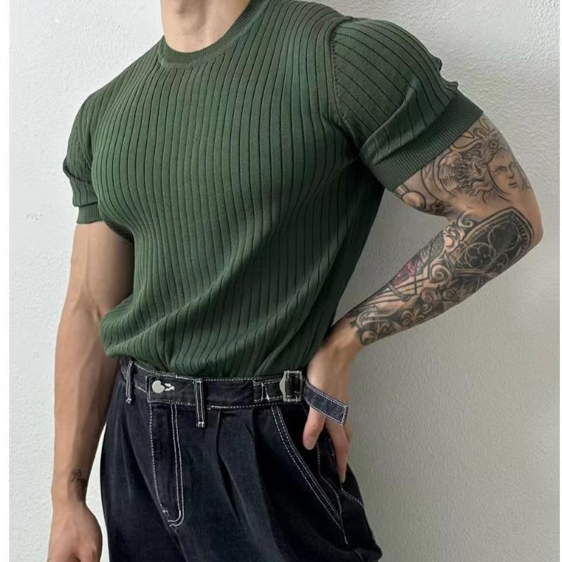 Hearujoy Summer New Men Thin Knitted T Shirts Slim Fit Elastic Short Sleeve O Neck Tee Fashion Solid Color Ribbed Muscle T-shirt Male