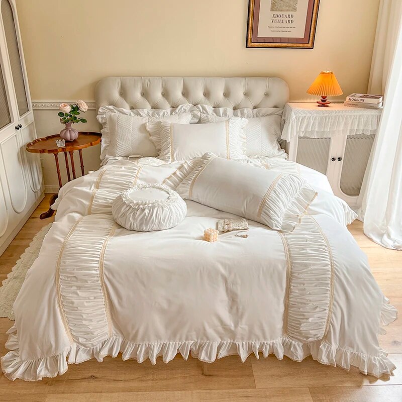 Yickyue Luxury Purple Patchwork Pleat Bedding Set Korean Style 100% Cotton Princess Lace Duvet Cover Bedsheet Bed Skirt Pillowcases