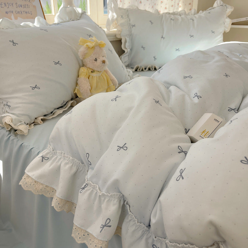 YICKYUE  -  Princess Lace Bedding Set - Korean Style 4PC Double-Layer Gauze with Floral Embroidery
