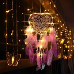 Heart Dream Catcher Boho Home Decor White Pink Feather Beaded Dreamcatcher with Lights Christmas Decoration Girl Nursery Decor