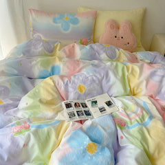 YICKYUE  -  Korean Style Cute Bedding Set For Girls Bed Linen New Skin Friendly Fresh Flora Printed Washed Cotton Duvet Cover Set