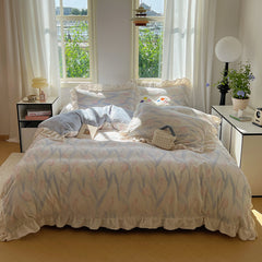 YICKYUE  -  Autmn Winter Duvet Cover Set  A-Class High Weight Milk Velvet  Flower Jacquard Colored Tulip Girl Lace Simple Bedding Set Warm