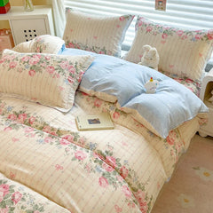 YICKYUE  -  Elegant Floral Cotton Duvet Cover Set Watercolor Flowers Striped Pattern Comforter Covers 3 Pieces Soft Breathable Bedding Sets