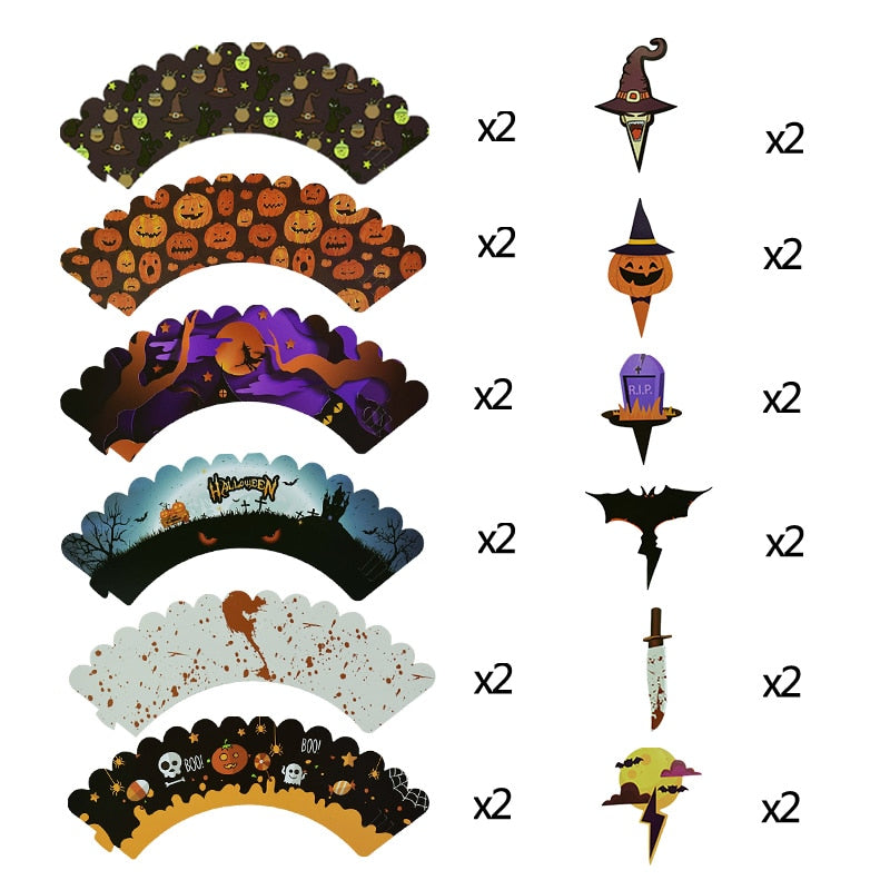 12/24pcs Halloween Cartoon Pumpkin Bat Cupcake Wrapper Paper Cake Toppers Happy Halloween Birthday Party Decoration Supplies