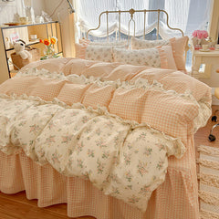 YICKYUE  -  Korean Style Pastoral Style Cotton Double-Layer Yarn Four-Piece Set Small Floral Ruffled Cotton Quilt Cover Super Soft Nude Sleeping Bedding