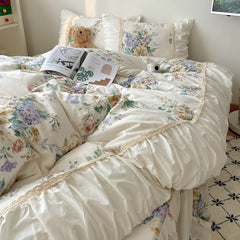YICKYUE  -  Pure Cotton Korean Princess Style Bedding Set French Pastoral Country Flowers Duvet Cover Bed Skirt  With Pillowcases bed set