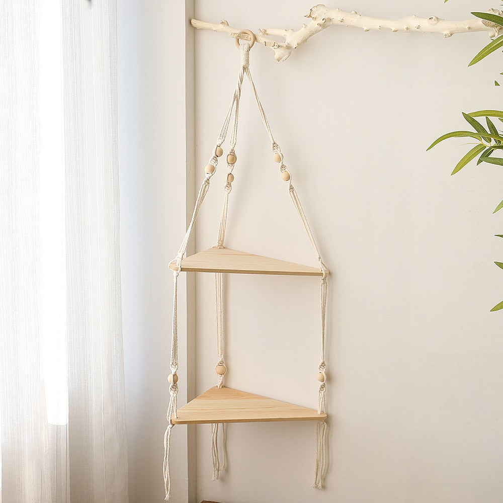 Macrame Wall Shelf Bohemian Home Decor Triangle Shelves Wall Decor Plant Hanger Candle Holder For Living Room Bedroom Decoration