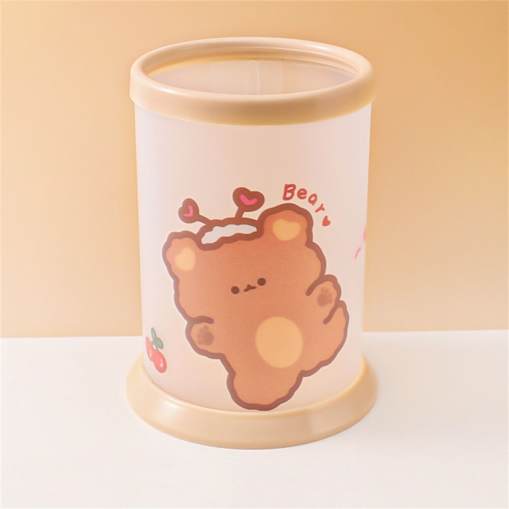 1pc Kawaii Cartoon Pen Holder Frosted Plastic Round Pencil Makeup Brush Storage Bucket Cute Desktop Organize Stationery