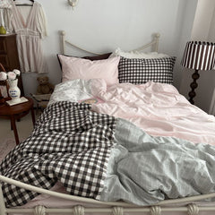 YICKYUE  -  Korean Vintage Cotton 4pc Bedding Set - Gingham & Floral Print