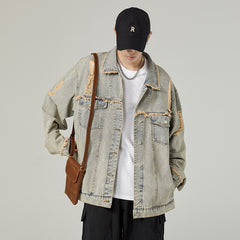 Hearujoy American Style Vintage Men Denim Jacket  Spring Autumn Loose Wash Jean Coat Retro Nostalgia Trend Holes Cowboy Outwear Top Male